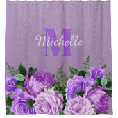 Paarse Floral Silver Glitter Monogram Douchegordijn (Voorkant)