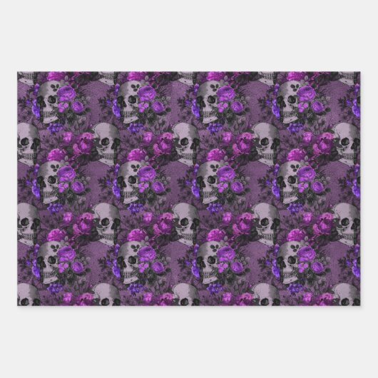 Paarse Floral Skulls Inpakpapier Vel (Voorkant)