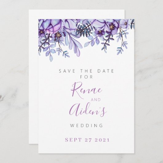 Paarse Floral Sla de datumkaart op Save The Date (Voorkant / Achterkant)