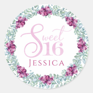 Paarse Floral Sweet 16 Ronde Sticker