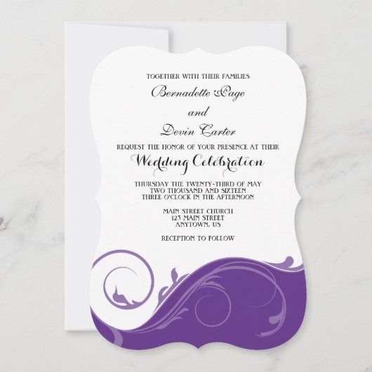 Paarse Floral Swirl Bracket Wedding Invitae Kaart (Voorkant)