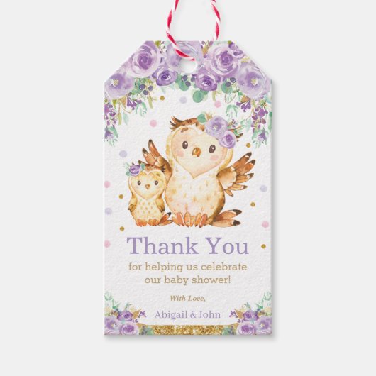 Paarse Floral Uil Baby shower Meisje Dank u Cadeaulabel (Voorkant)
