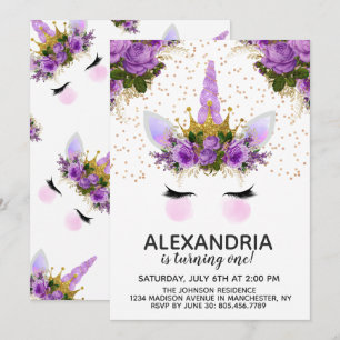 Paarse Floral Unicorn Princess Birthday Kaart