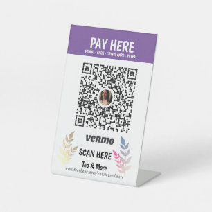 Paarse Floral Voeg hier QR Code Venmo Betaal toe Reclamebord Met Voetstuk