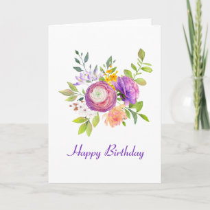 Paarse Floral Waterverf Birthday Kaart
