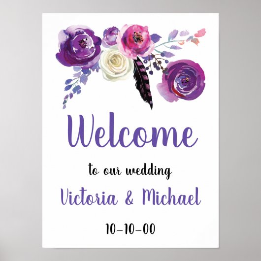Paarse Floral Waterverf Boho Welkom Poster (Voorkant)