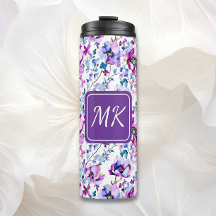 Paarse Floral Waterverf Monogrammen Thermosbeker