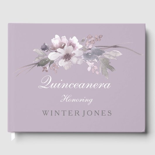 Paarse Floral Waterverf Quinceanera Guest Book Gastenboek (Voorkant)