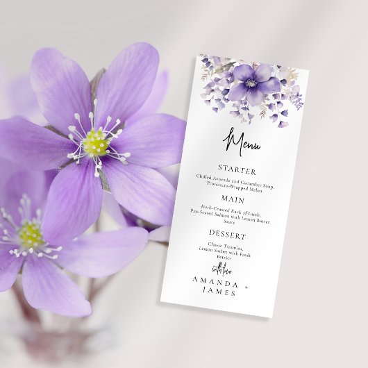 Paarse Floral Waterverf Wedding Menu