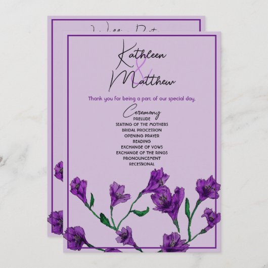 Paarse Floral Waterverf Wedding Programma (Voorkant / Achterkant)