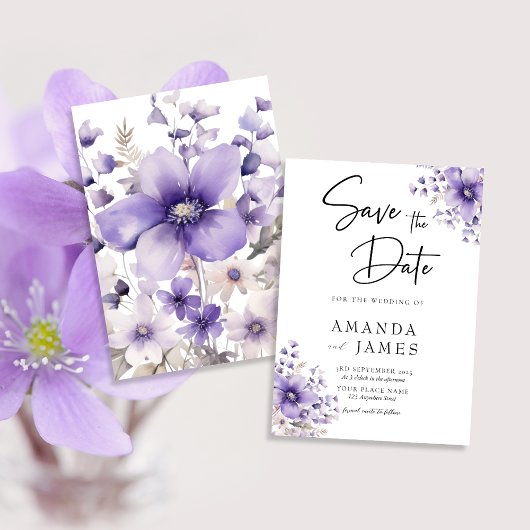 Paarse Floral Waterverf Wedding Save The Date