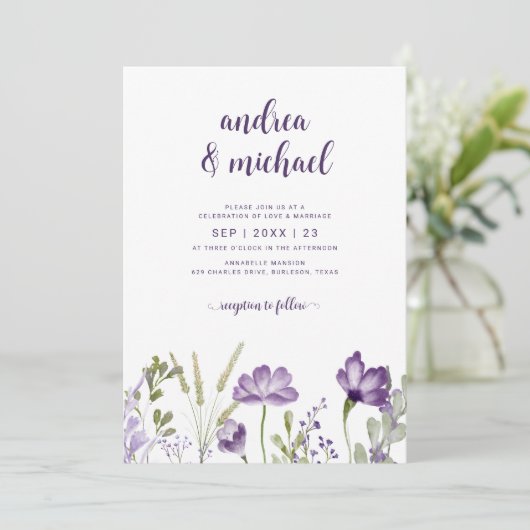 Paarse Floral Weddenschap met details achteraan Kaart (Staand voorkant)