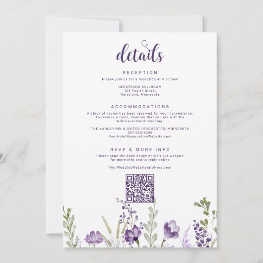 Paarse Floral Weddenschap met details achteraan Kaart (Achterkant)