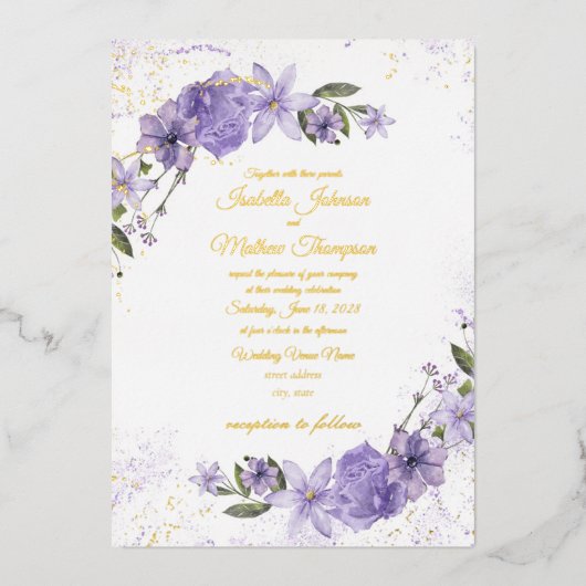 Paarse Floral Wedding Folie Uitnodiging (Voorkant)