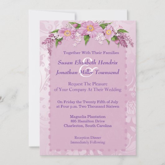 Paarse Floral Wedding Invitations Kaart (Voorkant)