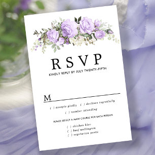Paarse Floral Wedding RSVP Kaart, maaltijdopties Kaartje