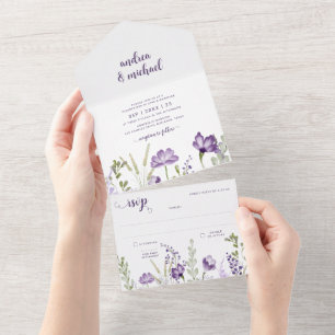 Paarse Floral Wedding Uitnodiging RSVP Bijgevoegd