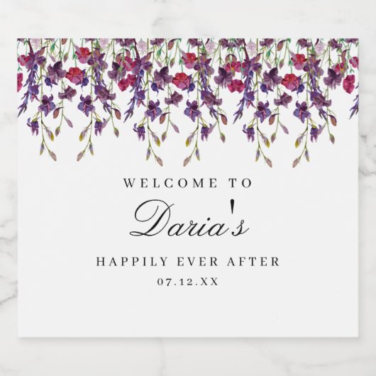 Paarse Floral Wine Label Sparkling Wijnetiket (Enkel label)