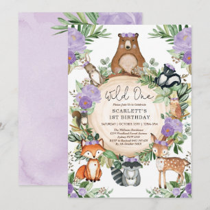 Paarse Floral Woodland Girl Wild One1st Birthday Kaart