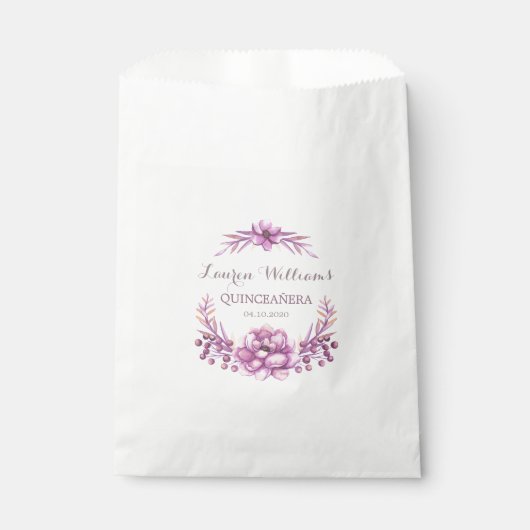 Paarse Floral Wreath Quinceanera Favor Bags Bedankzakje (Voorkant)
