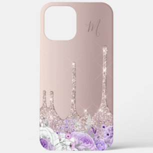 Paarse florale roos goud glitter druppelt monogram iPhone 12 pro max hoesje
