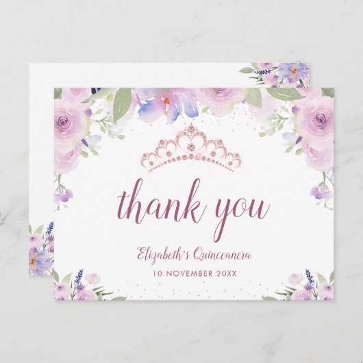 paarse florale tiara quinceanera bedankt! uitnodiging briefkaart (Voorkant / Achterkant)