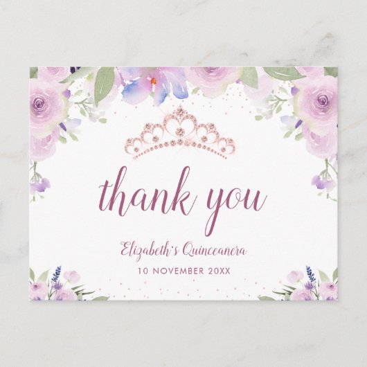 paarse florale tiara quinceanera bedankt! uitnodiging briefkaart (Voorkant)