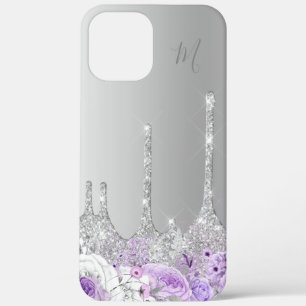Paarse florale zilverglitter druppelt monogram iPhone 12 pro max hoesje