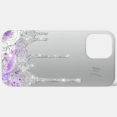 Paarse florale zilverglitter druppelt monogram Case-Mate iPhone case (Achterkant / Rechts)