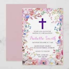 Paarse floreel baptisme/Christening Invitation Gir Kaart