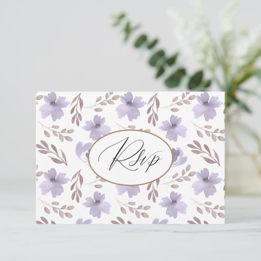  Paarse Flower Pattern Wedding RSVP (Staand voorkant)