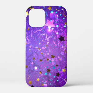 Paarse folie achtergrond met sterren iPhone 12 mini hoesje