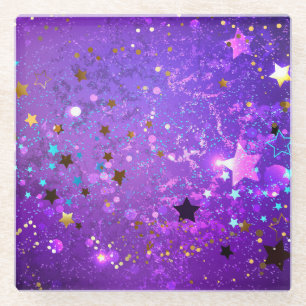 Paarse folie achtergrond met sterren glazen onderzetter