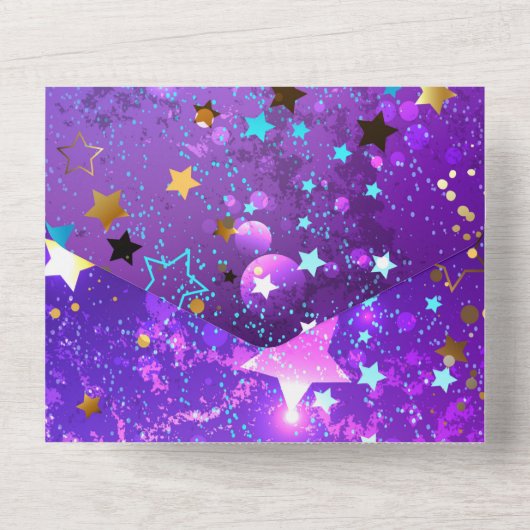 Paarse folieachtergrond met sterren all in one uitnodiging (Achterkant)
