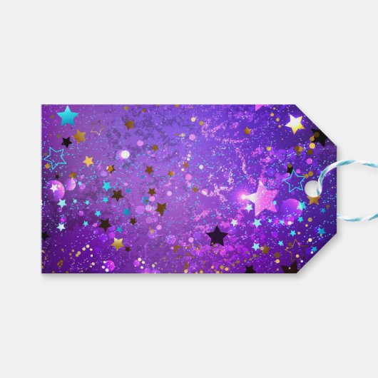 Paarse folieachtergrond met sterren cadeaulabel (Voorkant (Horizontaal))