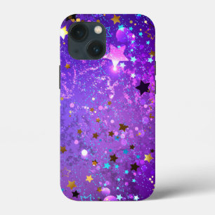 Paarse folieachtergrond met sterren iPhone 13 mini hoesje