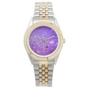 Paarse folieachtergrond met sterren horloge