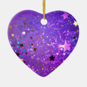 Paarse folieachtergrond met sterren keramisch ornament