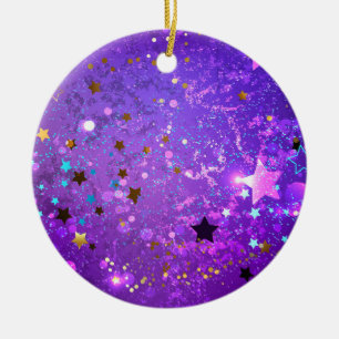 Paarse folieachtergrond met sterren keramisch ornament
