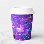 Paarse folieachtergrond met sterren papieren bekers (Achterkant)