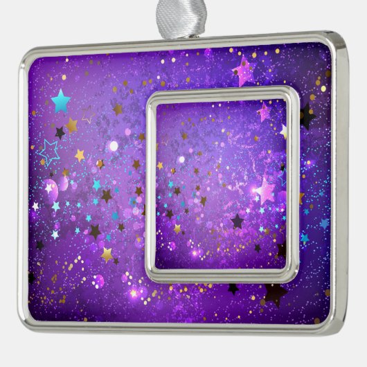 Paarse folieachtergrond met sterren verzilverd kader ornament (Links)