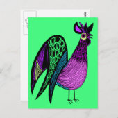 Paarse Folk Art Rooster Briefkaart (Voorkant / Achterkant)