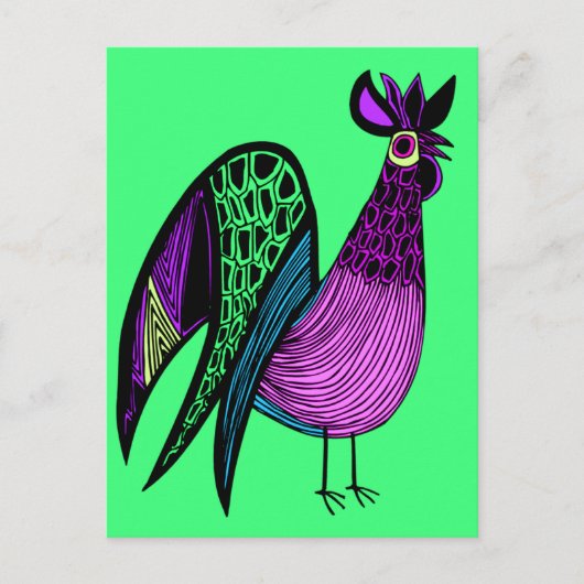 Paarse Folk Art Rooster Briefkaart (Voorkant)