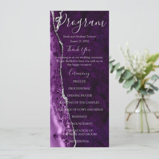 Paarse Formele Minimalistische Luxe Bruiloft Progr Menu (Staand voorkant)