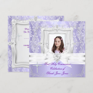 Paarse foto van Girl First Heilige Communie Kaart