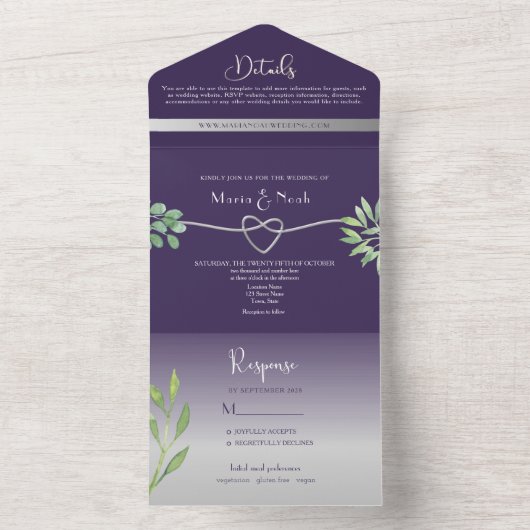 Paarse fotobruiloft all in one uitnodiging (Binnen)