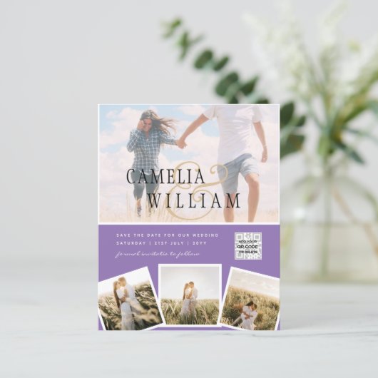 Paarse fotobruiloft nodigt QR-code uit tot Opslagd (Staand voorkant)