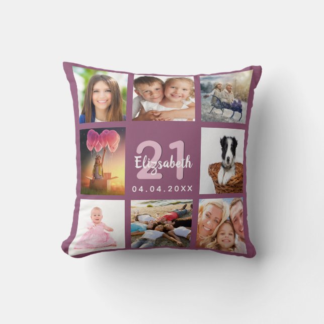 Paarse fotocollage verjaardag kussen (Voorkant)