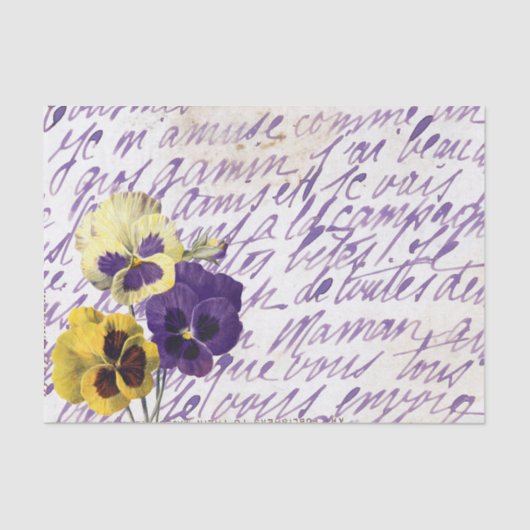 Paarse Franse Script Pansy Flower Tissuepapier (Voorkant)