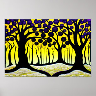 Paarse fruitbomen met een vet gele achtergrond poster